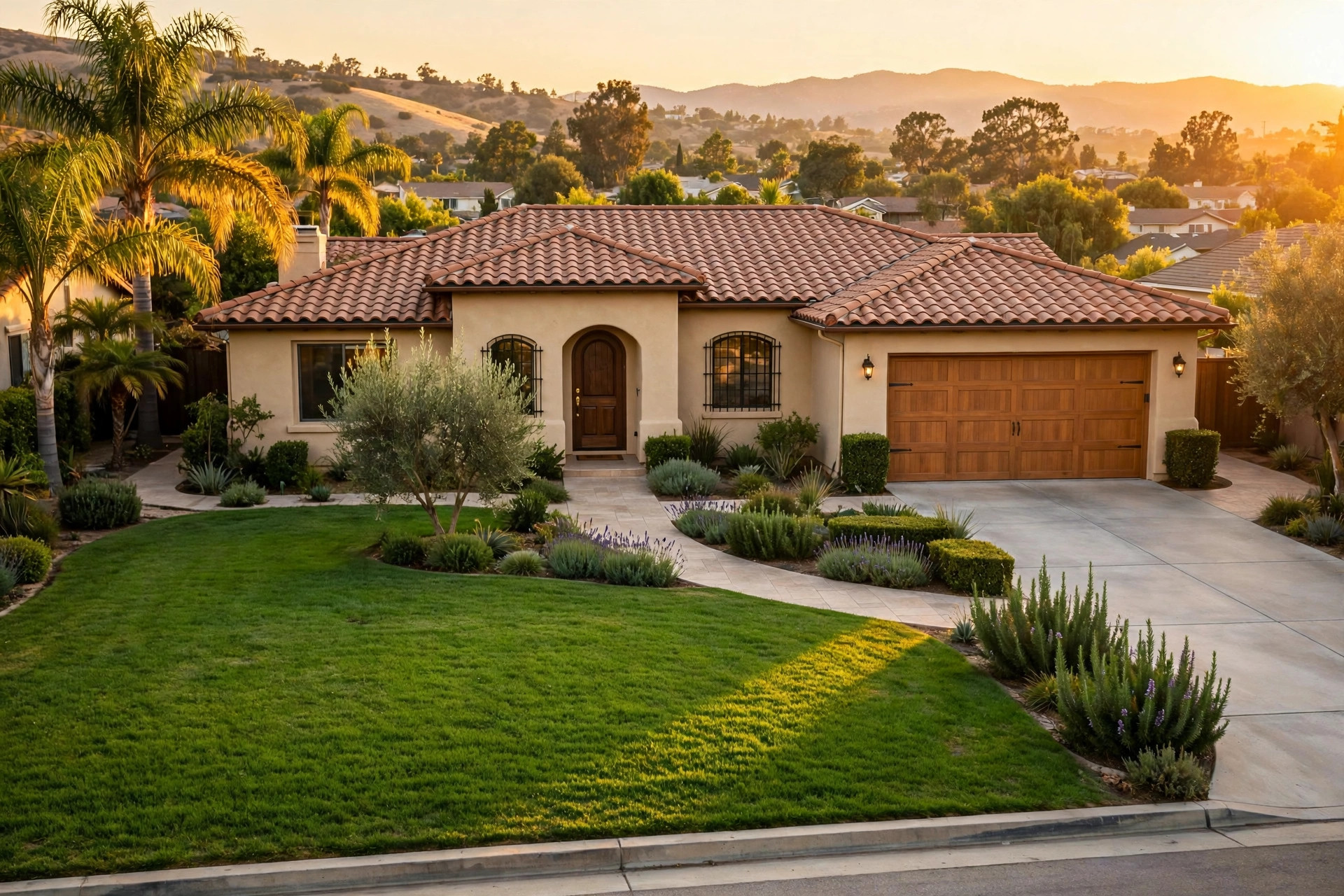 An intact suburban front yard and driveway at golden hour in Valencia
